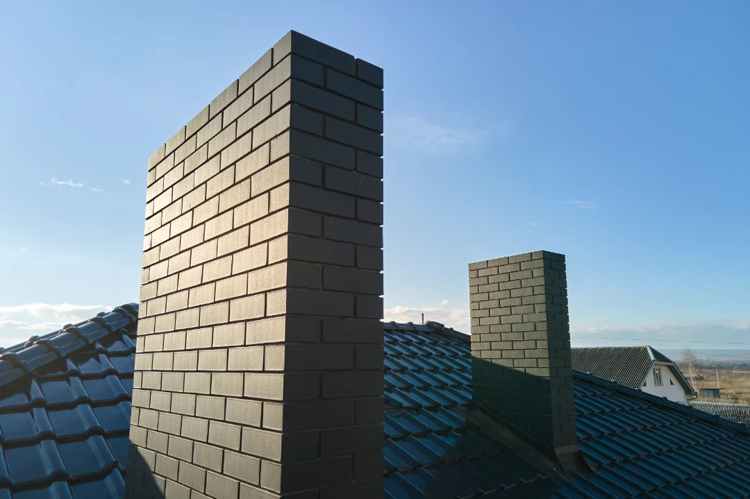 Skorstenen på taget af et hus med tagsten, tydeligt synlig mod en klar himmel.